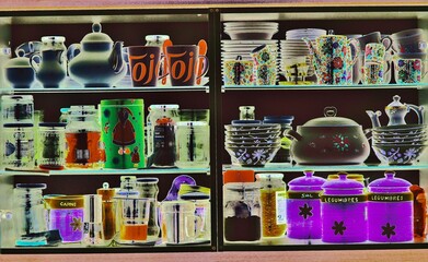 Tetera, tarros de ingredientes, botes, frascos, tazas y platillos de té en estantería de cocina