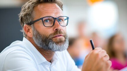 Fototapeta premium A man with glasses and a beard, wearing a white shirt, is holding a pen while thoughtfully pondering a classroom question, suggesting teaching or problem-solving.
