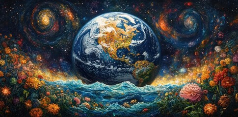 Earth Surrounded By Vibrant Flowers And Cosmic Galaxies