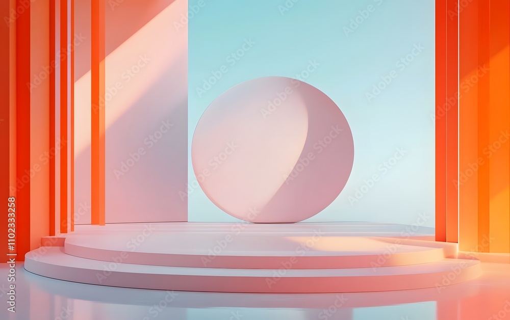 Poster a vibrant abstract scene featuring a spherical shape and colorful architectural elements for creativ