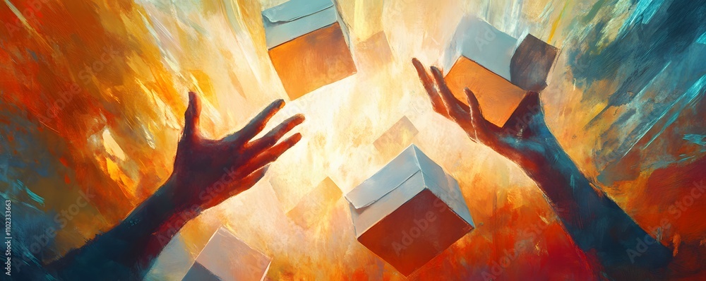 Poster a vivid representation of hands reaching for floating boxes amidst a colorful, dynamic background.