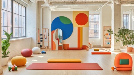 Bright studio with colorful geometric wall art, yoga mats, fitness equipment, and plants.