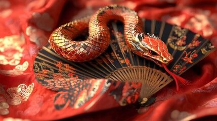 A vibrant snake elegantly resting on a traditional fan, symbolizing beauty and culture in an artistic display.
