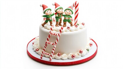 A whimsical cake featuring edible elves climbing a candy cane ladder, isolated on a white background