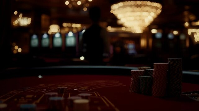 A casino table with casino chips, against the background of a bustling casino hall with casino dealer