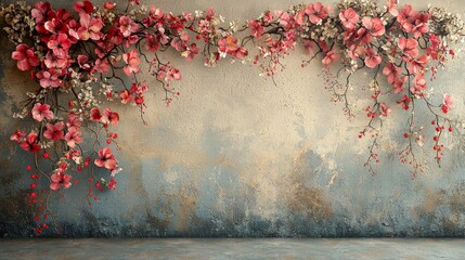 A decorative wall featuring pink flowers against a textured background.