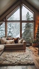 Fototapeta premium Friends gather in a cozy cabin by the fire, sharing new year resolutions amidst falling snow
