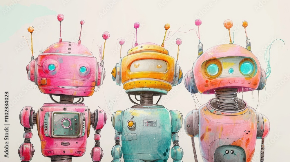 Poster a group of three robots, each uniquely colorful and designed with playful expressions, standing in a