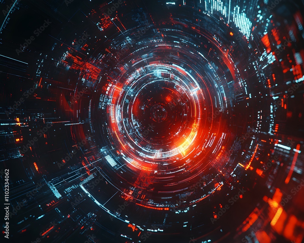 Poster futuristic abstract digital tunnel with glowing lights and intricate patterns, ideal for sci-fi them