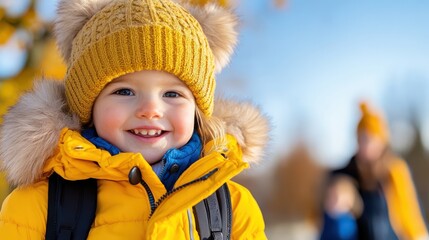 A very happy child dressed warmly in bright yellow winter attire, smiling widely while playing outside in nature with a blurred family member in the background.