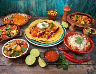 Vibrant Display of Traditional Mexican Dishes on a Rustic Table