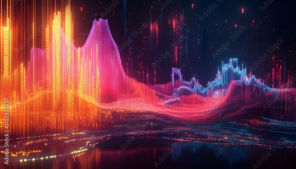 Poster vibrant digital waveform representing data analysis in a modern tech environment.