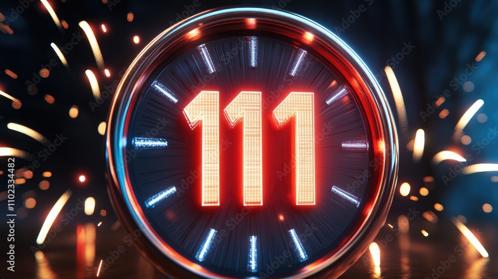 Poster bright digital countdown timer displaying the number 111 surrounded by vibrant sparks and glowing li