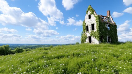 This image features an abandoned house blanketed in dense green ivy on a grassy hill, under a clear, bright blue sky, symbolizing nature's persistent renewal.