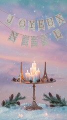 Festive table display featuring candles and Eiffel Tower decorations against a snowy backdrop at twilight
