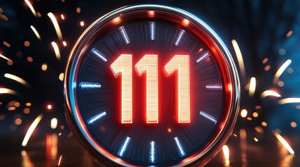 Bright Digital Countdown Timer Displaying the Number 111 Surrounded by Vibrant Sparks and Glowing Lights, Capturing an Exciting Celebration Moment