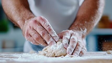 An expert baker kneads dough with confident technique, demonstrating mastery in the art of baking, highlighted by the precise and effective handling of ingredients.
