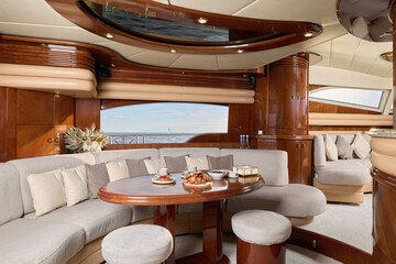 Experience the luxurious yacht interior with its exquisite and elegant dining area