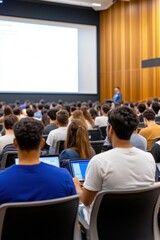 College students engaged in lecture with modern technology in spacious learning environment