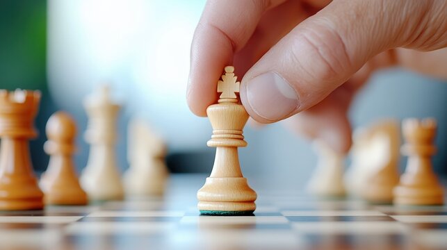 Close-up of a hand making a strategic move during a chess game, focusing on the elegant and timeless arrangement of chess pieces on the board.