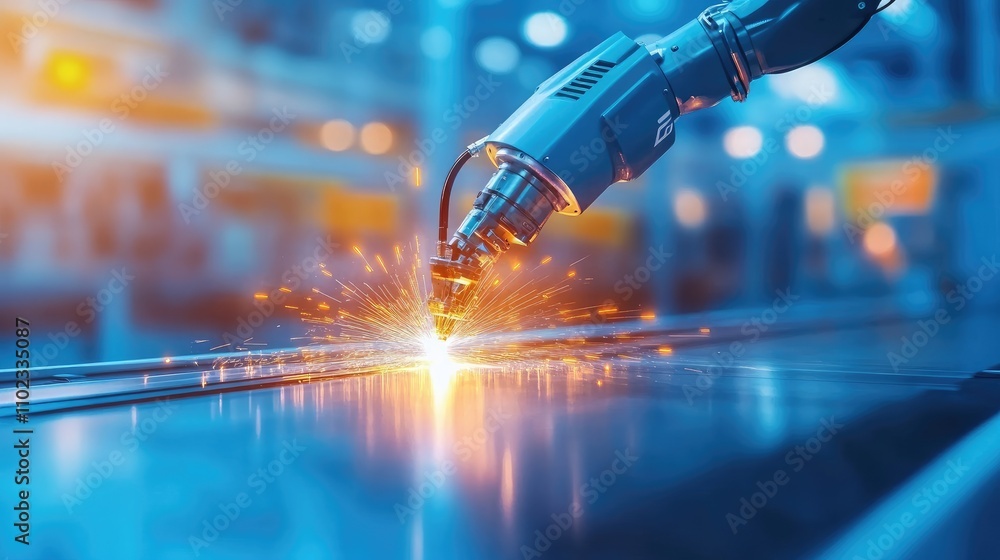 Poster advanced robotic arm conducting precision laser cutting in high-tech industrial environment with spa