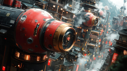 Fototapeta premium Futuristic cityscape with towering structures and steam amidst a bustling cyberpunk environment in vibrant colors. Generative AI