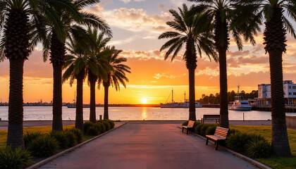 Scenic sunset pathway lined with palm trees and benches by the waterfront