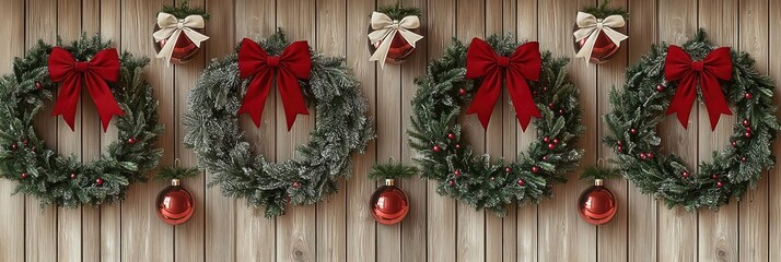 Warm rustic Christmas design featuring taupe wood panels, forest green wreaths, ruby red bows, and cream ornaments, with subtle copper highlights to enhance the farmhouse theme.