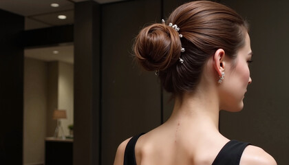 Elegant updo hairstyle adorned with accessories, showcased by a woman from the back in a sophisticated setting