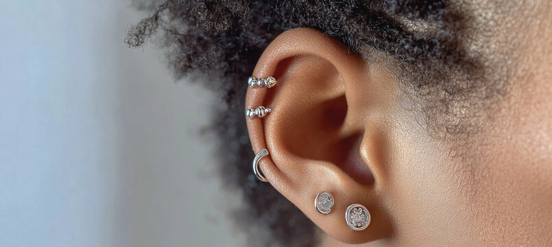 Woman showing multiple ear piercings with stylish jewelry