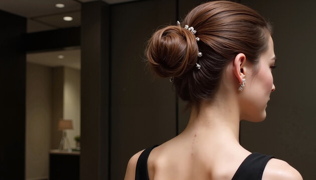 Elegant updo hairstyle adorned with accessories, showcased by a woman from the back in a sophisticated setting