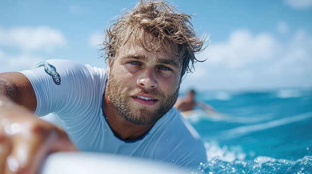 A surfer paddles determinedly through the ocean waves, under clear blue skies, highlighting the essence of adventure and resilience on a lively and bright day.