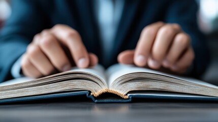 A person in a suit intently reads an open book on a table, embodying the concepts of education, knowledge, and intellectual engagement, with focused attention.