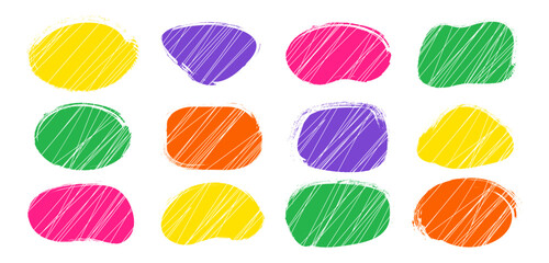 Brush edge shape icon, colorful paint texture, organic dirty blob, grunge stain, color crayon stroke spot, line sketch form isolated on white background. Abstract simple graphic vector illustration