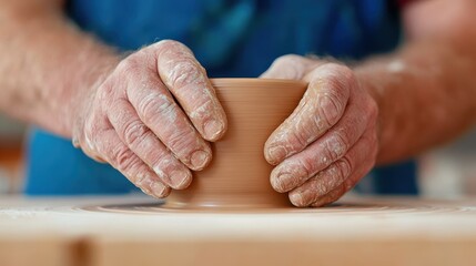 A close-up view of an artisan's hands shaping clay into a cylindrical form on a pottery wheel in a workshop, capturing the essence of creative manual craftsmanship.