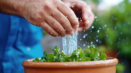 Fresh greens being washed by skilled hands over a terracotta pot, blending the essence of purity and nurturing with the tactile experience of gardening.