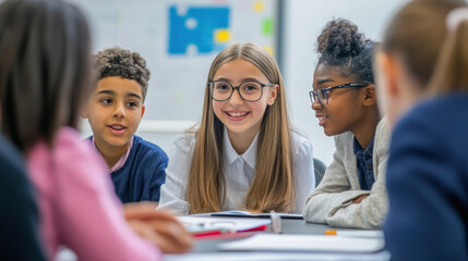 Elementary school students collaborating on a project in classroom