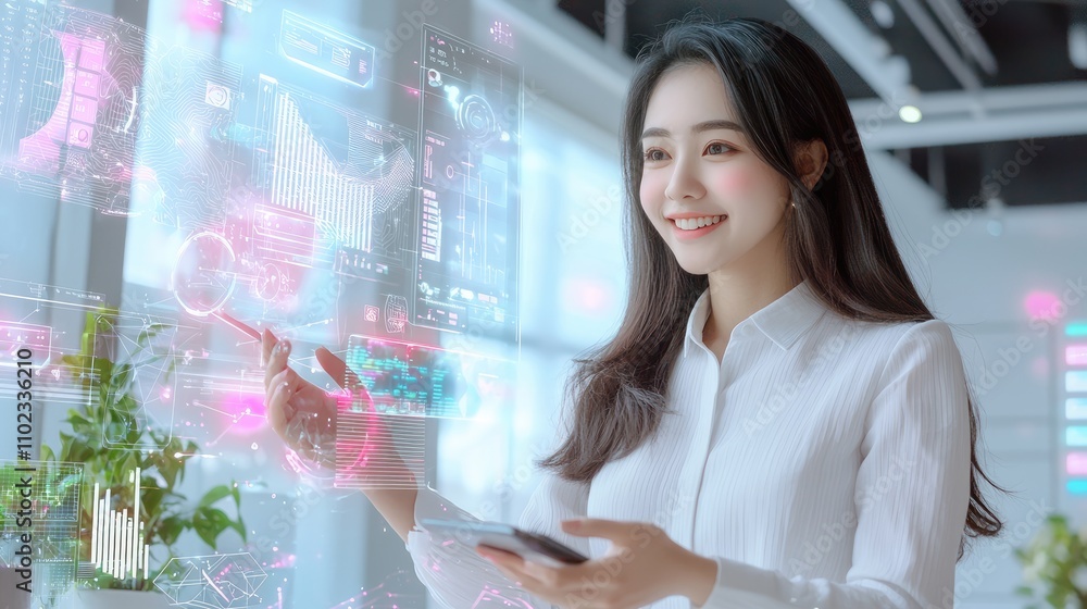 Poster smiling young woman analyzing data on a digital display in a modern office environment, engaging wit