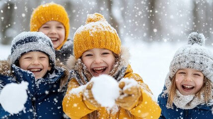 A group of four kids enjoying a snowy day, laughing and throwing snowballs, while bundled up in colorful winter attire, capturing a moment of pure joy and excitement.