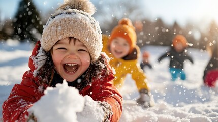 Happy children clad in colorful winter attire gleefully play in the snow, capturing the essence of childhood joy and innocence under a bright, sunlit sky.