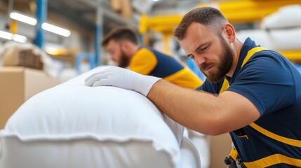 In a vibrant factory setting, a dedicated worker puts final touches on fluffy pillows, showcasing precision and dedication as part of efficient production routines.