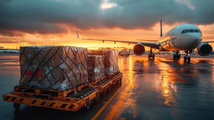 Two cargo planes and stacked boxes are highlighted by reflective lights on a rain-slicked runway under a glowing sunset, depicting resilience and global trade.