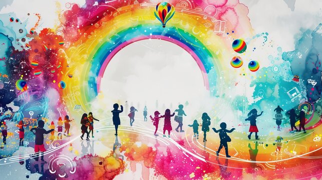 Silhouettes of children and adults dance joyfully under a colorful rainbow arch with musical notes and balloons floating around. AI generated.