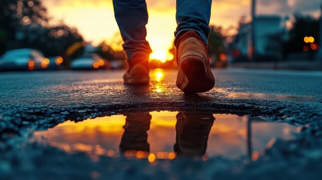 A person leisurely moves forward on a wet street, captured in a striking image with a puddle reflecting the enchanting sunset, symbolizing calm and progress.