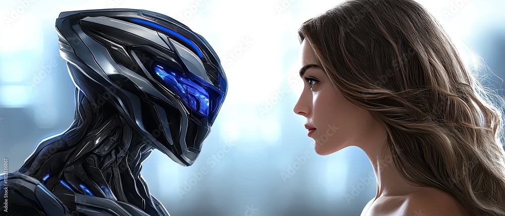 Poster intriguing encounter between a futuristic robot and a thoughtful woman in a modern high-tech setting
