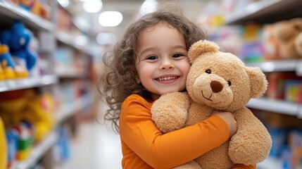A joyful little girl with curly hair hugs a teddy bear while standing in the colorful aisle of a toy store, radiating happiness and innocence.