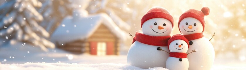 A cheerful winter scene featuring three snowmen wearing red scarves and hats, surrounded by snow and a cozy cabin in the background.