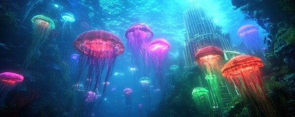 Naklejka premium A vibrant underwater scene filled with colorful jellyfish, illuminated in various hues, creating a mesmerizing aquatic display.