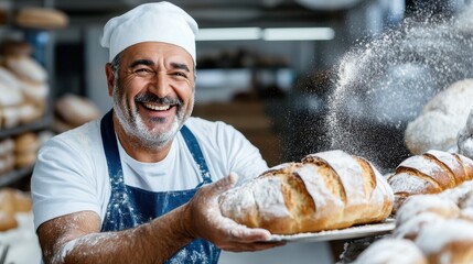 A cheerful and enthusiastic baker proudly presents a beautifully baked loaf of crusty bread, dusted with flour, in the warm ambiance of a busy bakery.
