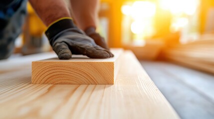 Close-up of gloved hands meticulously handling a wooden board, focusing on precision and care, showcasing the craftsperson's dedication in natural sunlight.